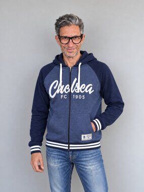 Chelsea FC Men's Full Zip Graphic Sweatshirt Hoodie Navy Blue Small